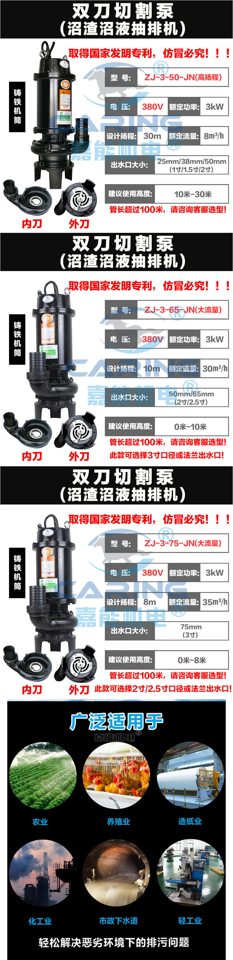 3kW三相双刀切割泵除了能满足禽畜养殖场化粪池抽排需求，还能用于轻工业、化工厂、市政排污工程等